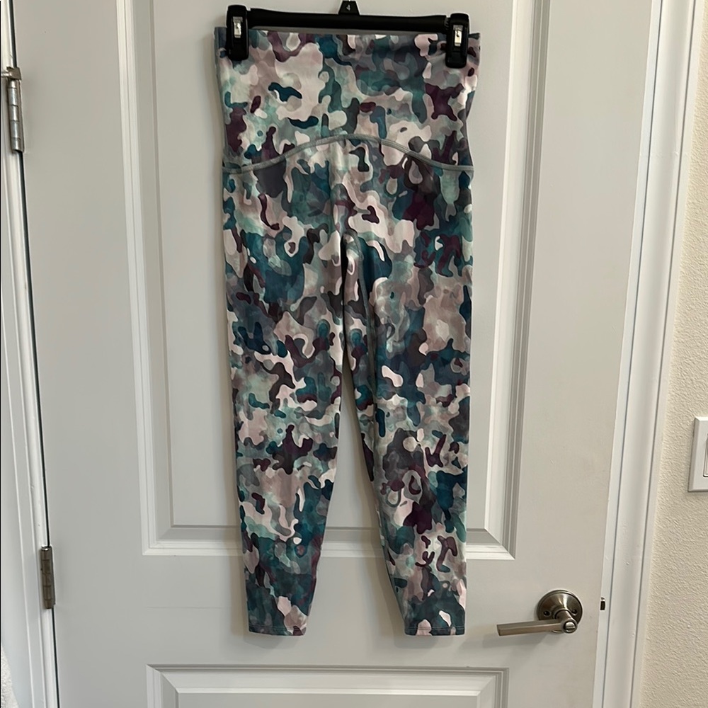 SPANX  Camouflage Teal, Multiple Greens, and Blue Leggings with Abstract Pattern
